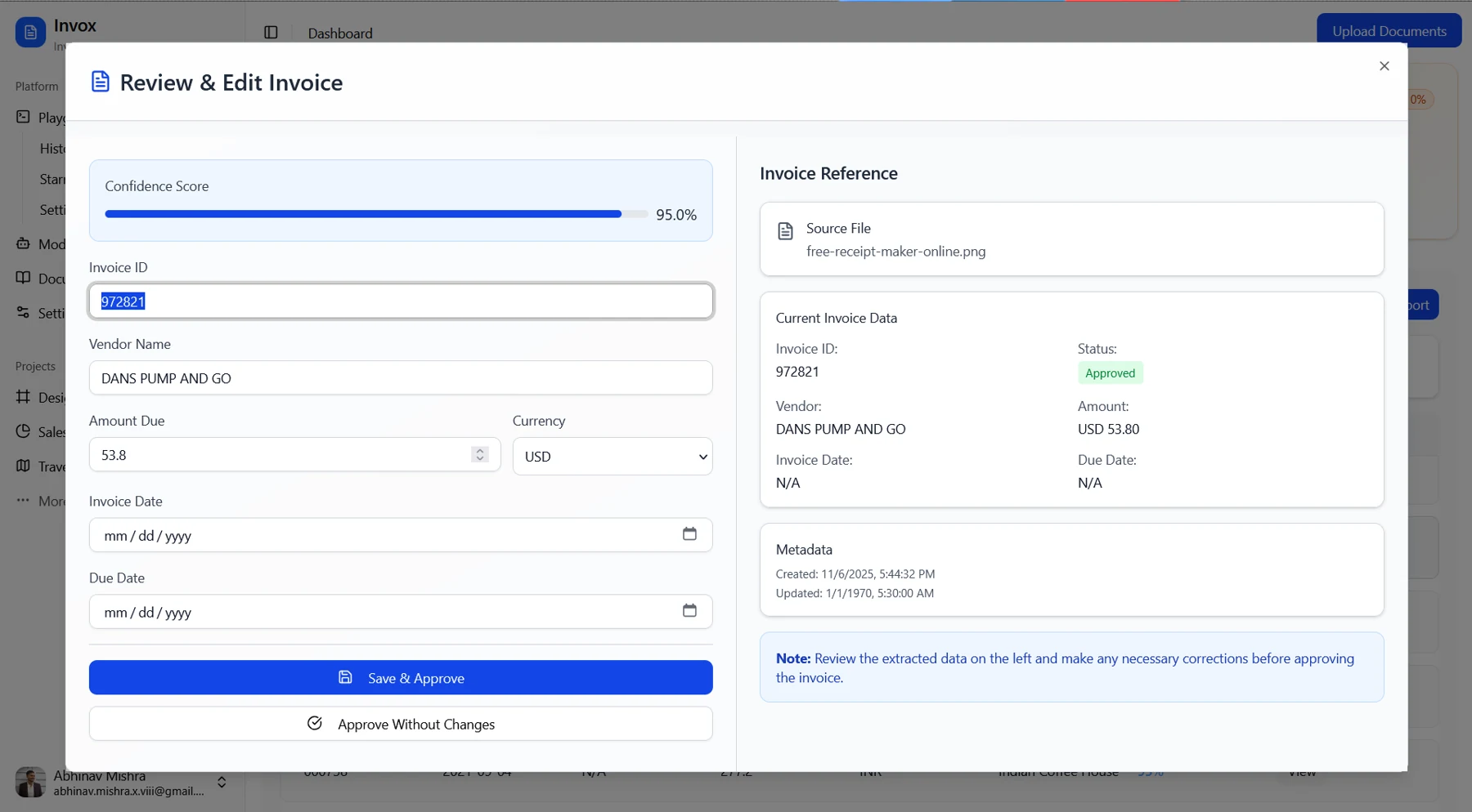 Invox invoice review and approval dialog