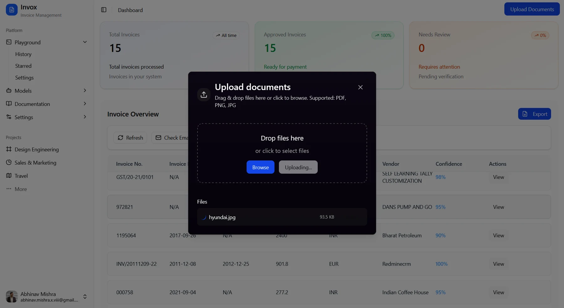 Invox document upload dialog