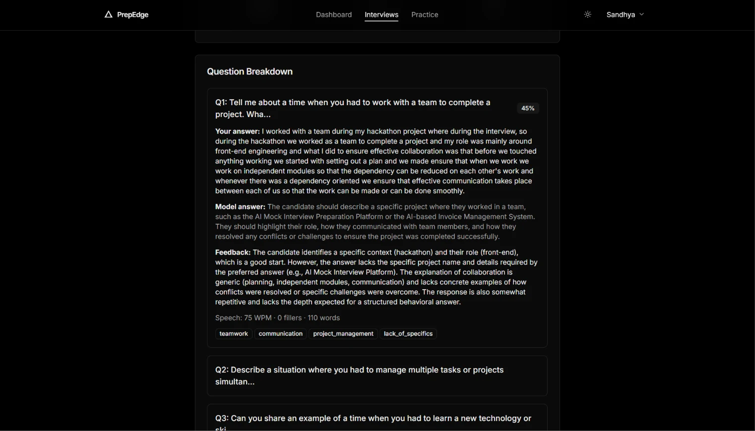 PrepEdge AI question feedback in dark mode