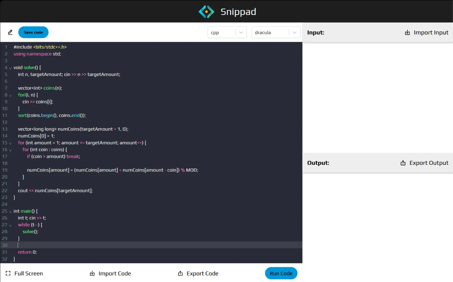 Snippad editor with C++ code, input and output panels